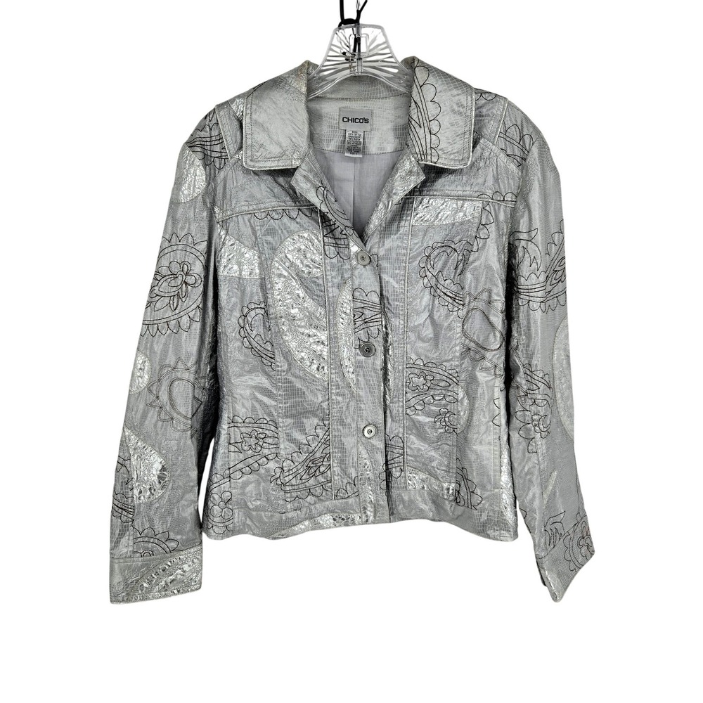 Chico's Jacket Womens Medium Silver Metallic Paisley Embroidered Button Front